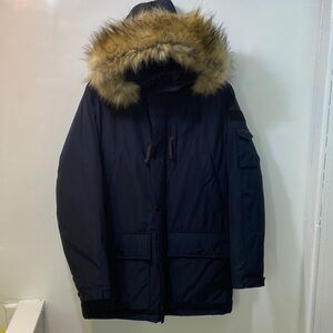 J Crew Nordic ,Men's Navy Blue Parka Coat with Faux Fur Hood .Size-Large